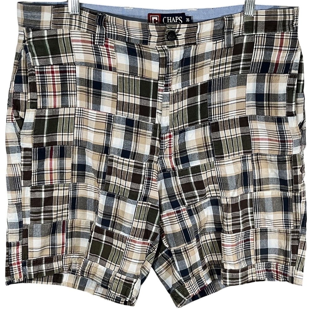 CHAPS Shorts Mens XL 36 Plaid Black Tan Red Flat Front Chino Preppy Outdoor